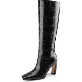 Knee High Boots Women Black Long Boots Slip on Tall Boots Chunky High Heel Square Toe Crocodile Pattern Leather Boots with Side Zipper for Ladies Sexy