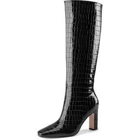 Knee High Boots Women Black Long Boots Slip on Tall Boots Chunky High Heel Square Toe Crocodile Pattern Leather Boots with Side Zipper for Ladies Sexy in Kuwait