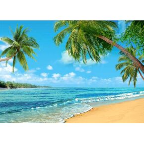 Summer Tropical Hawaii Palm Tree Or Beach Photography Backdrops 7X5FT Blue Sea Sky Sunshine Luau Party Photo Background Wedding Bride Shower Baby Birthday Party Banner Supplies Props Vinyl