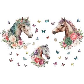 SUPERDANT Horses Wall Stickers Farm Animal Stickers Decal Watercolor Butterfly Flower Stickers Vinyl Art Decor for Living Room Kids Bedroom Nursery Farmhouse Office Wall Decor Gift