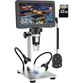7" LCD Digital Microscope 1200x, 1080P FHD Video Microscope with PC View, USB Coin Microscope with Wired Remote,10 LED Lights, 32GB SD Card, 12MP Camera Microscopes for Kids/Adults
