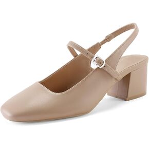 Women's Slingback Heels Low Chunky Heel Buckle Strap Pumps Square Toe Wedding Dress Shoes