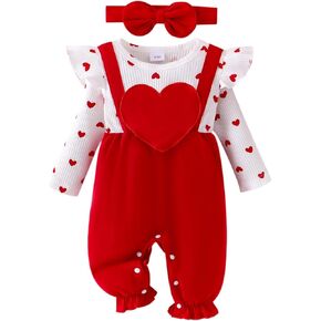 Valentines Baby Girl Outfits Love Heart Romper Long Sleeve Ruffled Valentines Bodysuit Jumpsuit Headband 0-18 Months