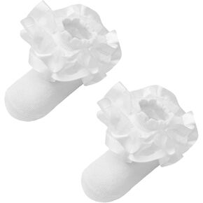 2 Pairs Girls Ruffle Lace Cotton Socks,Cute Double Big Lace White Frilly Princess Dress Socks for Toddler Little Girls