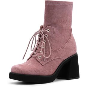 Women's Platform Chunky Block Heel Ankle Boots Suede Square Toe Lace Up Dress Booties