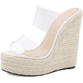 LizFoYa Women Peep Toe Espadrille Platform Heels Lucite Double Straps Wedge High Heels Beach Slide Sandal Shoes
