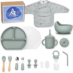 Silicone Baby Feeding Set - 19 Pcs Baby Led Weaning Supplies, Includes Silicone Baby Plate with Cover, Sippy Cup, 3 Set of Forks, Fruit Tetther, Tiny Brush, and Long Sleeved Bib