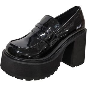 Women's Black Patent Leather Chunky Heels Casual Loafers Comfortable Fashion Slip-on Round Toe Platform Business Dress Loafers for Party Walking Wedding