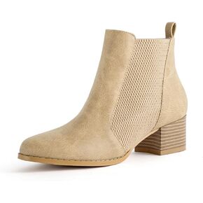 Low Heel Ankle Boots for Women Chunky Block Heel Elastic Gore Chelsea Boots Slip On Comfortable Short Boots Round Toe Black Brown Heeled Booties for Fall Winter