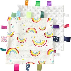 1 PC White Rainbow Baby Tag Blanket, Cute Label Blanket, Small Tags Security Blanket for Kids Toddlers Gift(9.84x9.84inch)