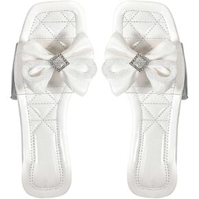 GORGLITTER Women's Bow Clear Sandals Rhinestone Square Open Toe Flat Slide Sandals