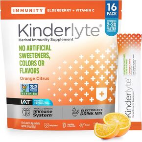 Kinderlyte Immunity: Immune Support Hydration Supplement, Plant Powered Blend, Electrolyte Drink Mix, Elderberry, Turmeric, Vitamin D3 (Orange Citrus, 16 Count)