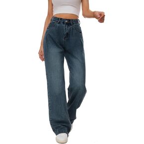 KICZOY Women Straight Ankle Jeans Casual Loose High Waist Solid Denim Pants