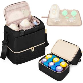 Fasrom Wearable Breast Pump Bag with Cooler Compartment Compatible with Elvie, Willow Pump, Portable Pumping Carrying Case with Waterproof Mat, Black (Empty Bag Only)