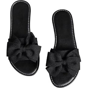 Women's Bow Flat Sandals Dressy Slide Sandals Open Toe Summer Beach Flat Shoes Slippers Slip on Slide