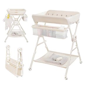 TELIZ Portable Changing Table, One-Touch Folding Baby Diaper Changing Station with Wheels and Adjustable Height for Infant (Cream)
