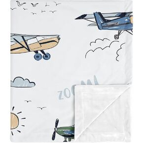 Sweet Jojo Designs Vintage Airplane Boy Soft Baby Blanket Receiving Security Stroller Swaddle Toddler Newborn Infant Kids Travel Warm Minky Grey Green Blue White Yellow Airplanes Plane Transportation