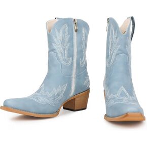 Western Cowgirl Ankle Boot for Women with Embroidered Comfort Fashion Short Boots Pointed Toe Cowgirl Short Booties Side Zipper in Kuwait
