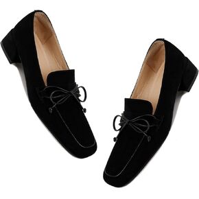 MOOMMO Women Chunky Low Heel Loafers Bow Suede Slip On Closed Square Toe Loafer Shoes Oxfords Comfy 1 Inch Block Heels Dress Shoes Pumps Office Work Pumps Vintage Retro Comfy 4-11 M US