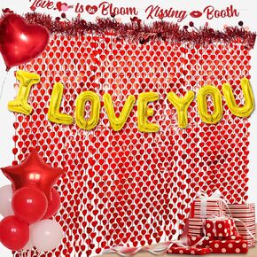 4 Pack Valentines Day Foil Fringe Curtain with I Love You Balloons, 3.3X6.6Ft Red Heart Red Heart Shape Tinsel Fringe Curtain Valentines Photo Backdrop for Valentines Day Decorations for Party