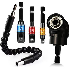 Drill Bit Extension Set for Tight Space, Impact Socket Adapter Bit Set 3 PCS 1/4" 3/8" 1/2"+105 Right Angle Cordless Drill Attachment Screwdriver Drill Bit Holder + Flexible Drill Bit Extension-BLACK