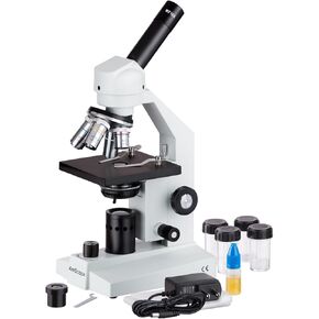AmScope M500B-LED Cordless Monocular Compound Microscope, WF10x and WF20x Eyepieces, 40x-2000x Magnification, Anti-Mold Optics, LED Illumination, Brightfield, Abbe Condenser, Coarse and Fine Focus, Plain Stage, 110V or Battery