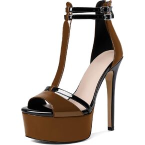 Esvowido Women's Sandals T-Strap Open Peep Toe Platform Heels Heeled Sandals Strappy Stiletto High Heels 5.5 Inch Ankle Strap Pump Shoes with Back Zipper