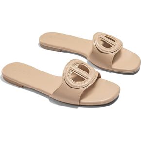 Coutgo Womens Dressy Flat Sandals Open Toe Slip on Leather Summer Beach Slide Sandals