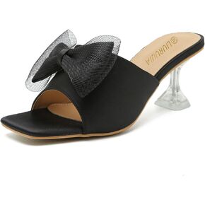 LIURUIJIA Women's Bow Heels Mules Sandals Square Toe Slip On Low Kitten Heels Wedding Bridal Dress Shoes