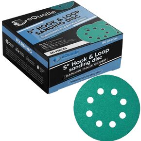 5-Inch Hook & Loop Sanding Discs, 8-Hole, Assorted Grits 80/120/180/220/320 – 50-Pack Calcined Alumina Abrasive with Film Backing for DA and Random Orbital Sanders