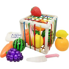 Baby Shape Sorting Cube with Kitchen Cutting Fruit Toys, Sensory Bin with Colorful Elastic Rope for Toddlers, Babies and Kids Early Educational Montessori Learning Developmental STEM Toys