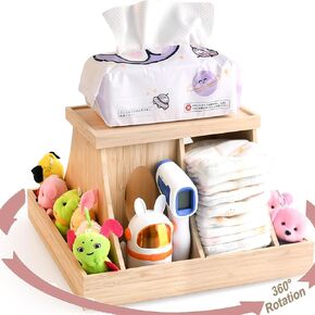 Wooden Baby Diaper Cabby Organizer, 360 Degrees Rotating Bamboo Cabby Storage with Removable Divides, Nursery Diaper Organizer