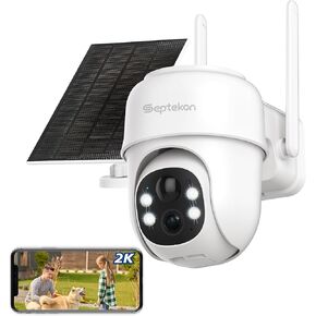 Septekon 2K Solar Security Cameras Wireless Outdoor, 360°PTZ Battery Powered Outdoor Camera, 2.4G WiFi Camera with Spotlight Color Night Vision, Motion Sensor Alarm, IP66, Black