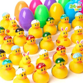 JOYIN 24 Pcs Prefilled Easter Eggs with Rubber Ducks, Variety Duckies for Easter Egg Hunt, Kids Basket Stuffer, Bath Toy Party Favors, Classroom Prize Supplies