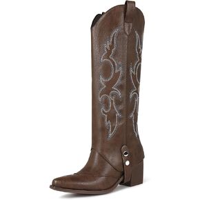 Women's Knee High Boots Pointed Toe Chunky Mid Heel Western Cowboy Boots For Women Wide Calf Riding Boot