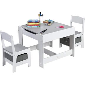 Fireflowery Kids Table and Chair Set, 3-in-1 Wooden Activity Table w/Storage Drawer & Detachable Blackboard, 3-Piece Square Children Art Desk, Toddler Table and Chairs for Reading (Grey)