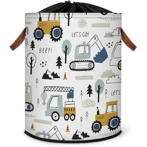 Cartoon Truck Laundry Basket with Drawstring for Kids Boys Girls, Collapsible Laundry Dirty Clothes Hamper with Leather Handle for Kid Room Bedroom Living Room Nursery