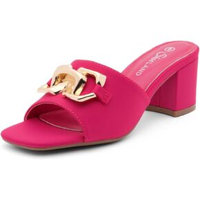 Shoe Land JENNAA Women’s Low Heels Block Chunky Heels with Metal Chain, Square Open Toe One Band Slip-On Heeled Mules – Casual Heeled Slides for Party Prom and Wedding