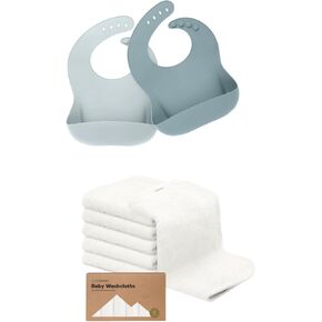 KeaBabies 2-Pack Baby Silicone Bibs and Baby Washcloths - Waterproof, Easy Wipe Silicone Bib for Babies, Toddlers - Bamboo Viscose Baby Towels and Washcloth