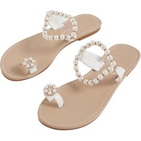 Verdusa Women's Flip Flops Clip Toe Ring Flat Sandals Sparkly Pearl Slip On Slides