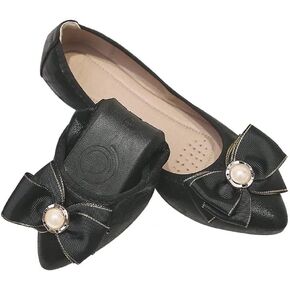 Hee grand Women Foldable Ballet Flats Bling Rhinestones Soft Leather Pointy Toe Flats Sparkle Wedding Dress Shoes Comfort Slip on Loafers Big Size