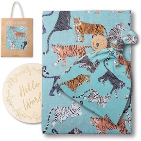 Miaoberry 100% Organic Cotton Baby Muslin Swaddle Blanket Set|Tiger in Teal| Gender Neutral for Boys Girls| Hospital Home Coming Receiving Blanket |Newborn Unisex