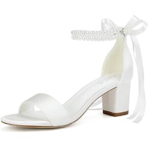 Satin Wedding Shoes for Bride Pearl Heels Bridal Shoes Wedding Heels Block Heel Wedding Sandals