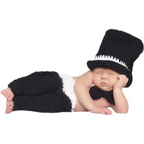 Newborn Baby Photography Gentleman Magic Hat Photo Props Crochet Knitted Photography Prop Outfit Set