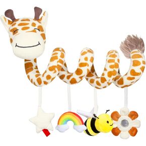 Stuffed Spiral Car Seat Toys, 0-6 Months Giraffe Stroller Activity Baby Infant Carseat Toys Hanging Including Dinosaur Rattles| Sun Mirror| Rainbow Cloud| Dolphin Bibi, Babies Gifts (Giraffe)