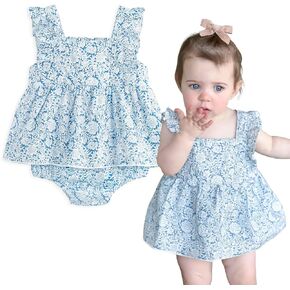 Simplee kids Baby Infant Girls Summer Romper Dress Summer Cotton Ruffle Sleeve Floral Onesie for 3 Months B-light Blue