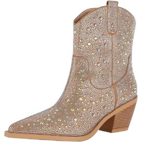 Women's Rhinestone Western Boot- Sparkly Ankle Boots, Pointed Toe, Breathable, Mid-Calf, Pull On, 2.75in Heel, Fashion Enthusiasts