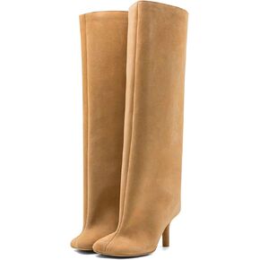 DOBOYG Suede Wide Calf Stiletto Long Fashion Boots for Women Pull On boots Kitten Heels Suede winter boots Nude Knee High Boots Comfortable Fall Boots