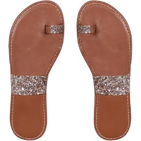 OYOANGLE Women's Rhinestone Shiny Toe Post Slide Sandals One Band Slip on Flat Sandal
