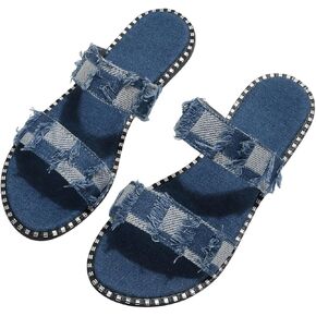 GORGLITTER Women's Denim Dressy Sandals Comfortable Flat Sandals Cute Slip On Slide Shoes